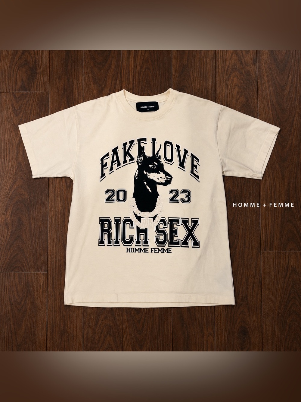 Homme + Femme “Fake Love Rich Sex” Doberman Graphic T-Shirt NWOT